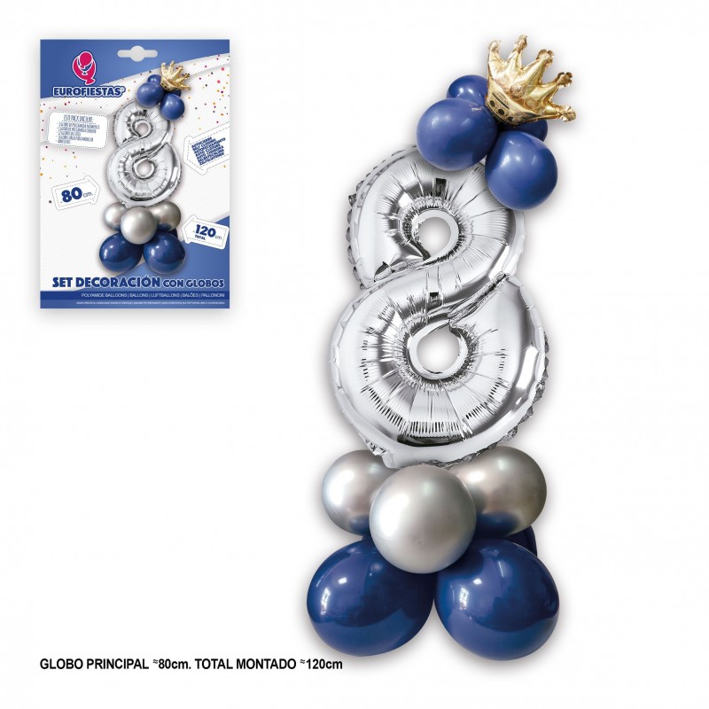 Ensemble de ballons couronne en aluminium 80cm 8 argent bleu