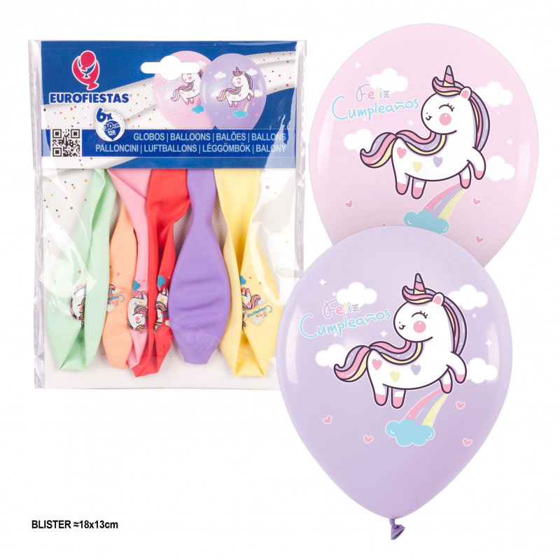 Ballons 6 imprimés couleurs pastel joyeux anniversaire licorne