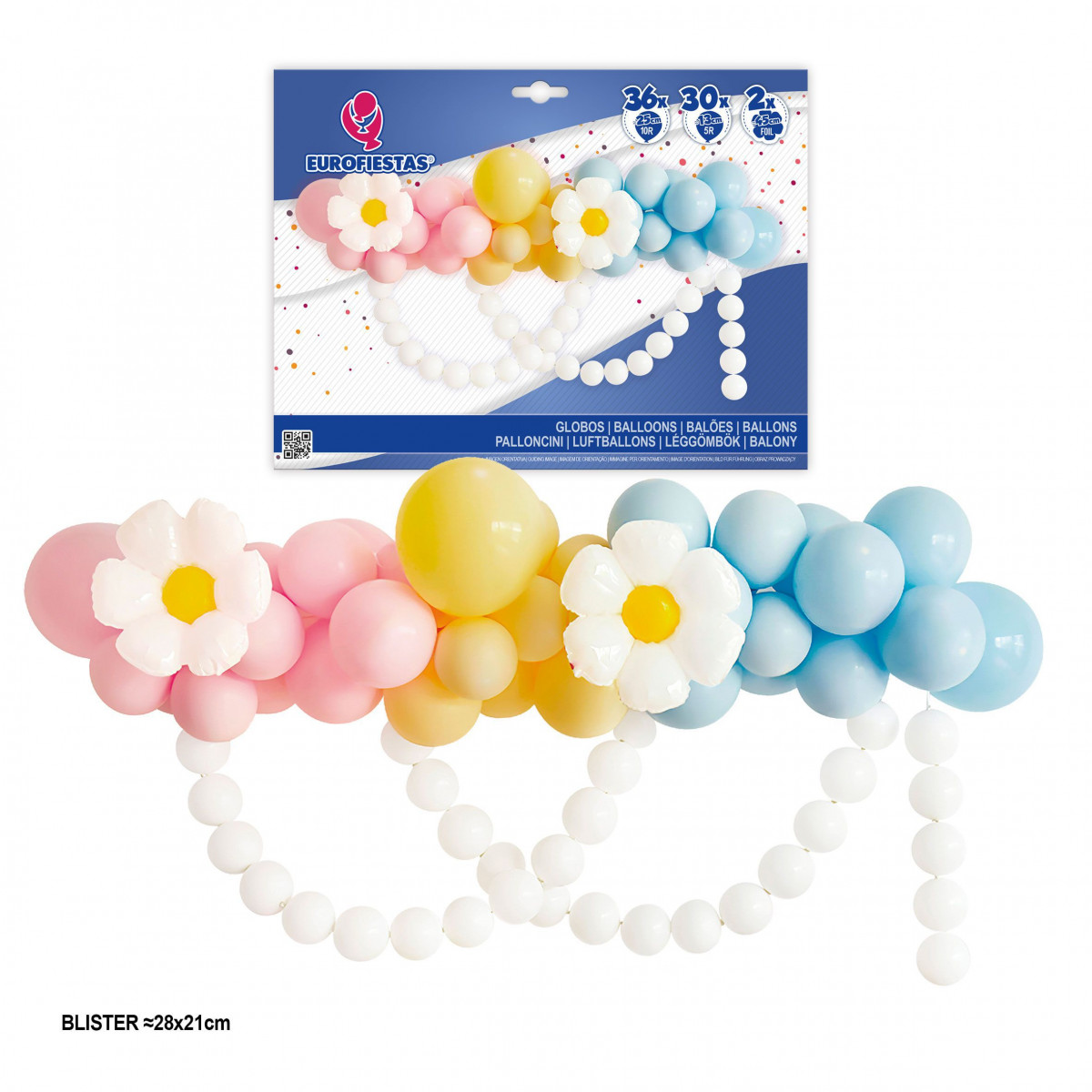 Ensemble organique de ballons pastel et de marguerites avec chaîne de ballons