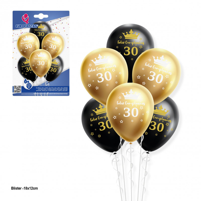 Set de ballons 12r 6pcs or et noir joyeux anniversaire 30