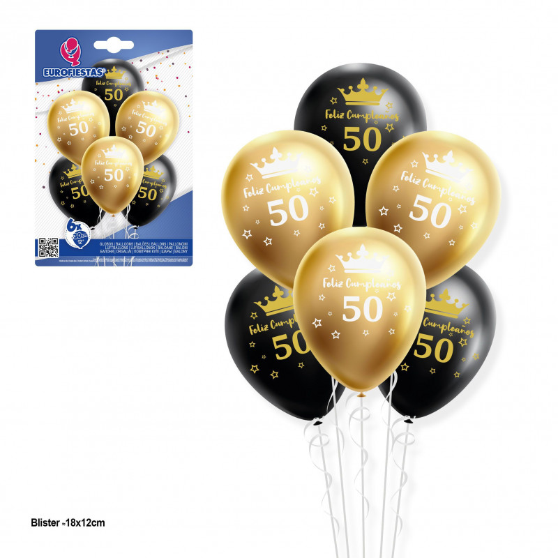 Set de ballons 12r 6pcs or et noir joyeux anniversaire 50