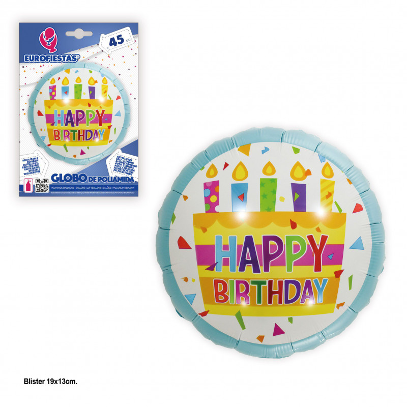 Ballon aluminium 45cm rond gâteau joyeux anniversaire bleu