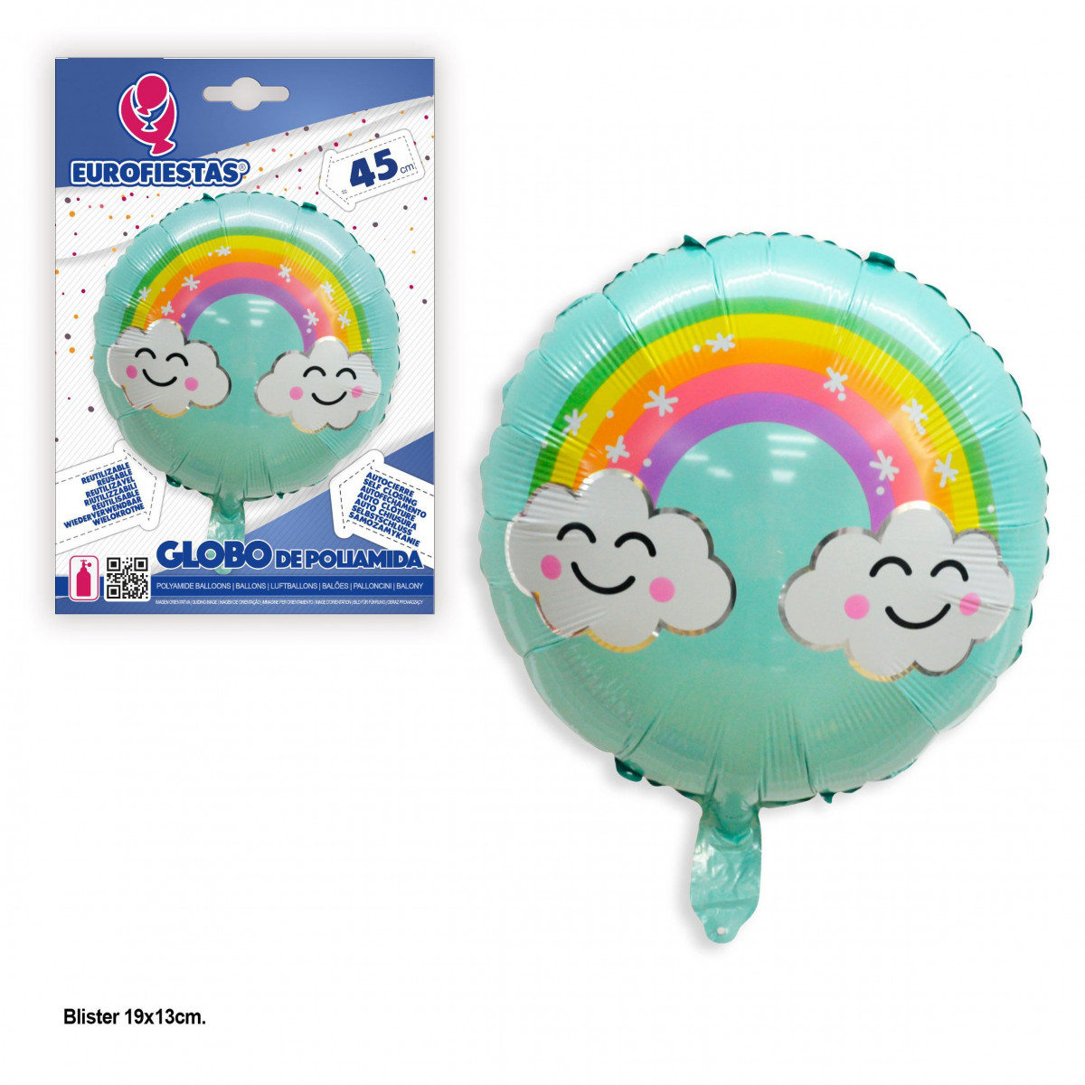 Ballon aluminium rond bleu avec arc-en-ciel