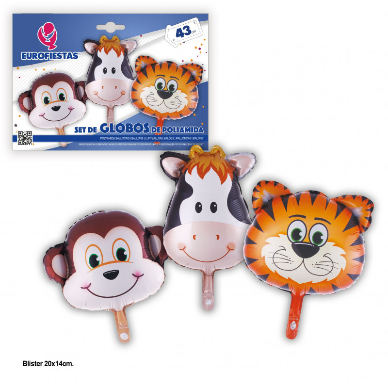 Lot de ballons aluminium vache tigre et singe 43cm