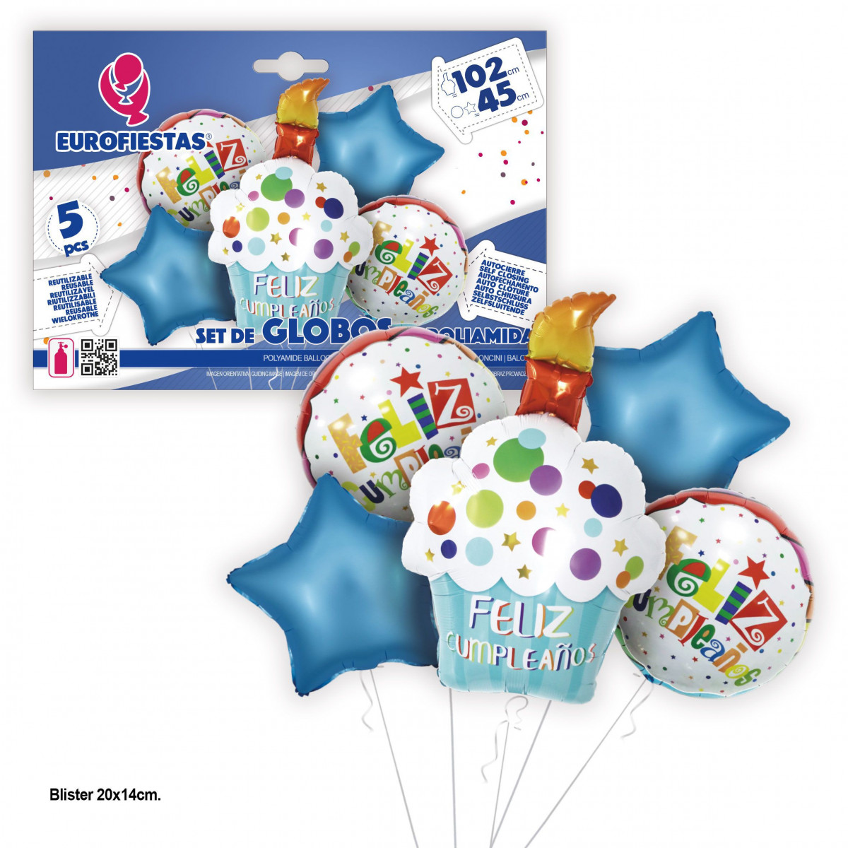 Lot de ballons aluminium pastel joyeux anniversaire cercles bleus et étoiles 102cm