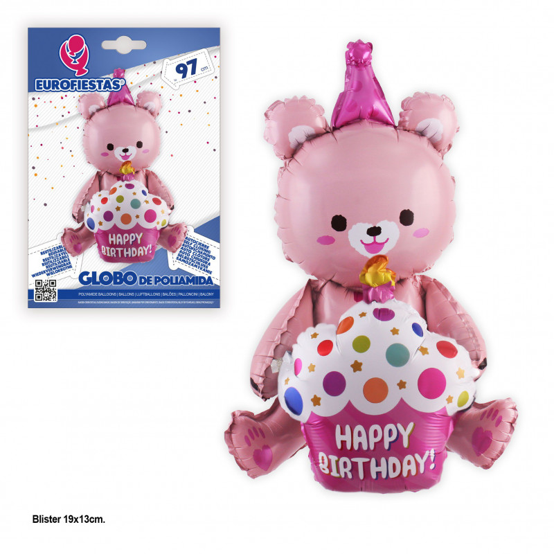 Ballon aluminium ours 97cm joyeux anniversaire rose