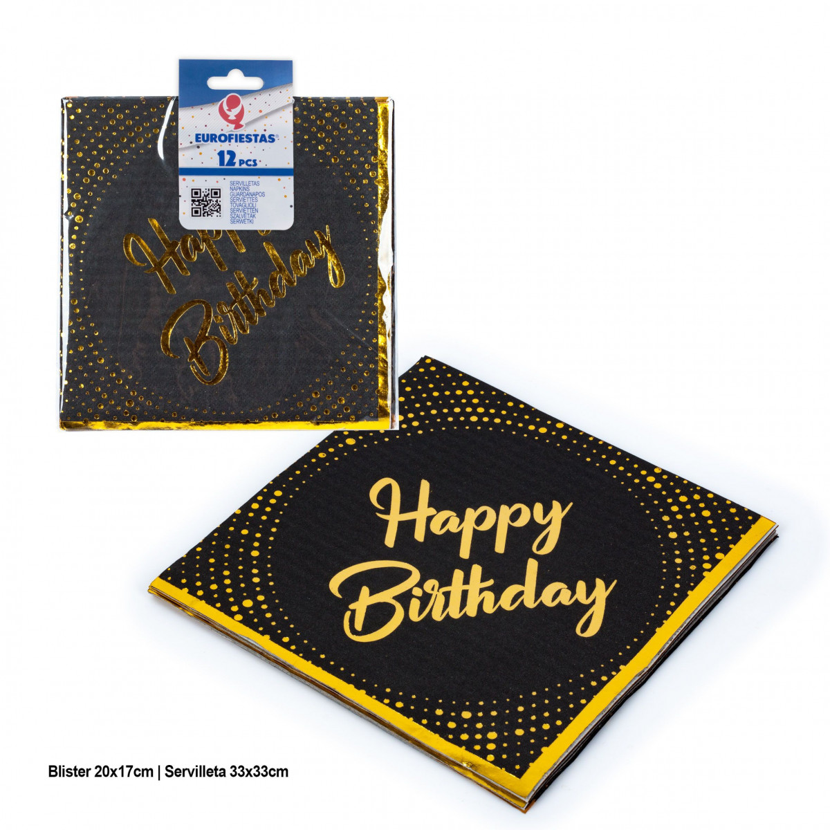 Serviettes noires et or col happy birthday dots