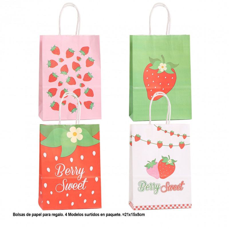 Sac cadeau fraise doux aux baies 21x15x8cm 4ms