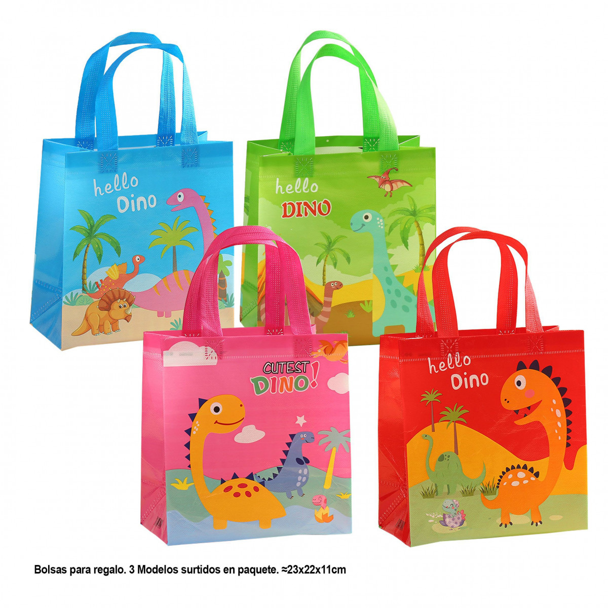 Sac cadeau carré hello dino 23x22x11cm 4ms