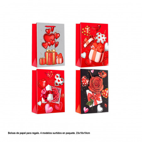 Sac cadeau saint valentin cadeaux et coeurs 23x18x10cm 4ms petit