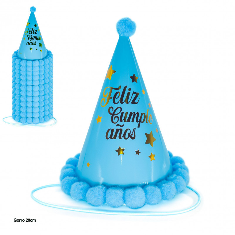 Bonnet joyeux anniversaire étoiles pompons bleu