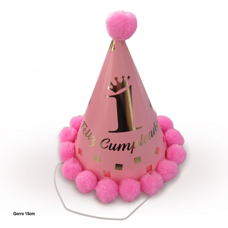 Bonnet joyeux 1er anniversaire pompons roses