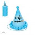 Bonnet pompon joyeux anniversaire bleu métallisé 20 cm