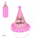 Bonnet pompon joyeux anniversaire métallisé rose 20 cm