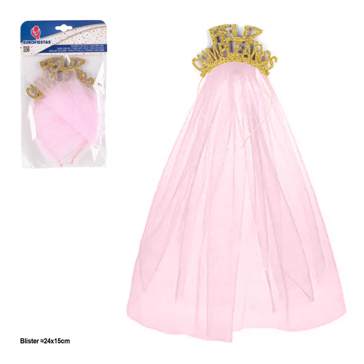 Bandeau joyeux anniversaire pailleté avec voile rose