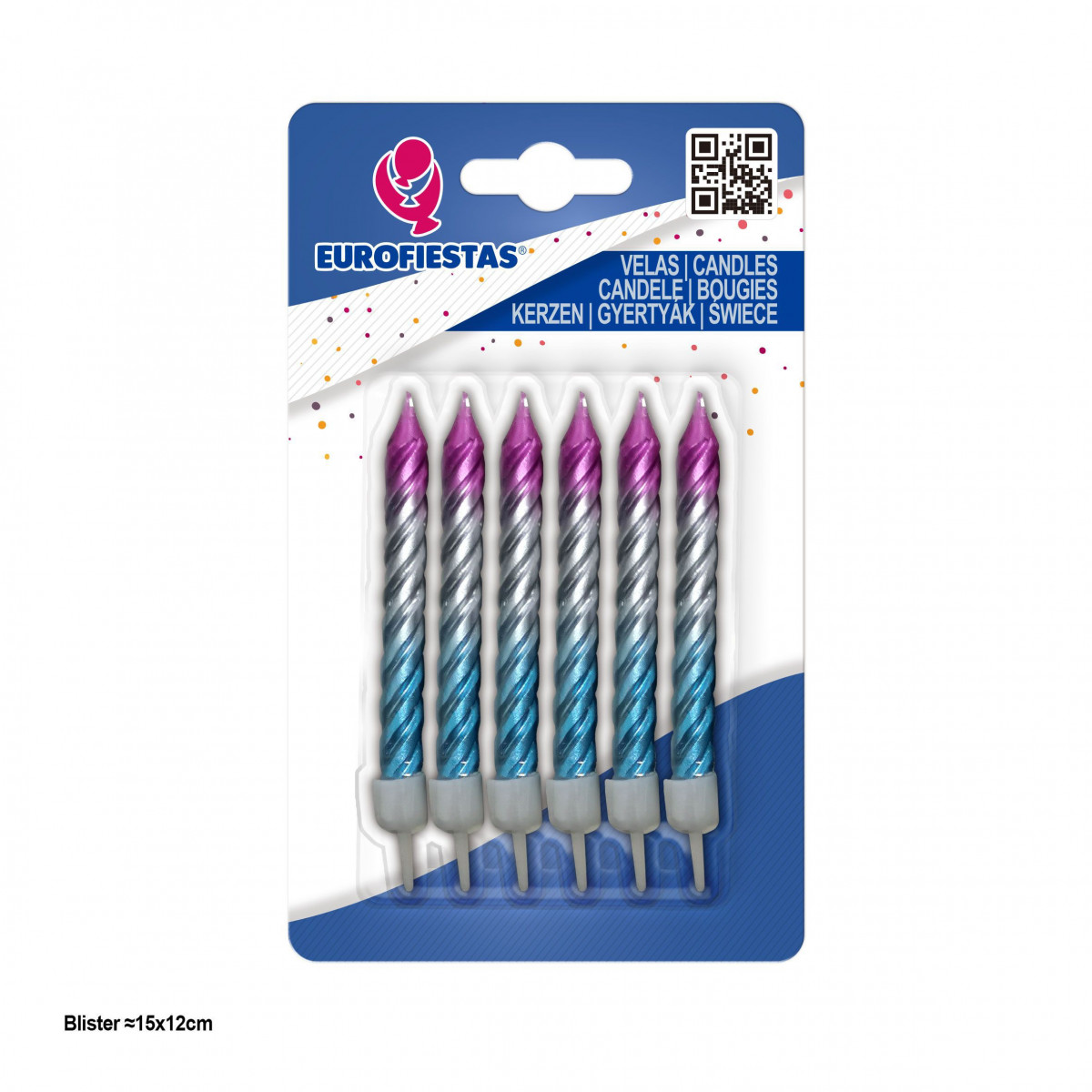 Bougies frisées classiques dégradé rose argent bleu 6pcs