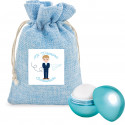 Baume à lèvres avec protection solaire en forme de sphère bleue présenté dans un sachet rustique avec autocollant de communion