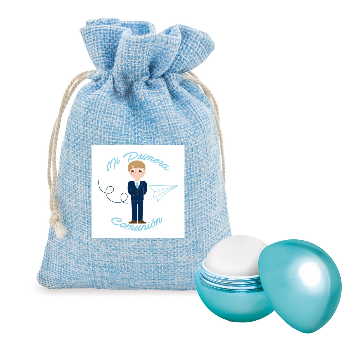 Baume à lèvres avec protection solaire en forme de sphère bleue présenté dans un sachet rustique avec autocollant de communion