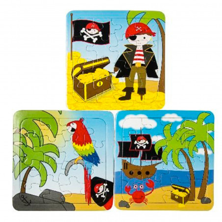 Puzzle pirate avec carnet et crayon présenté dans un sac kraft noir