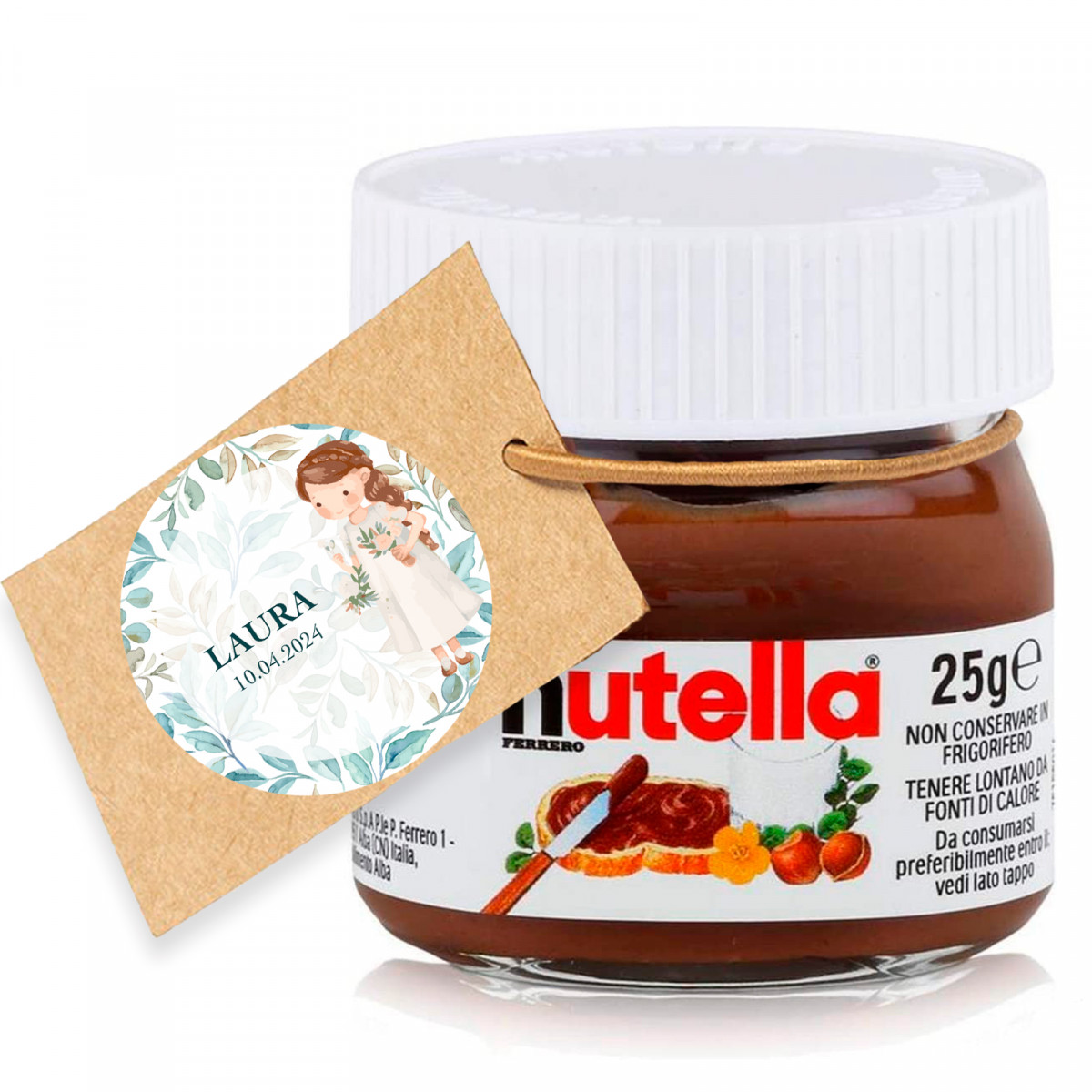 Nutella 25 gr. avec étiquette suspendue et adhésif personnalisé pour les détails de la communion des filles