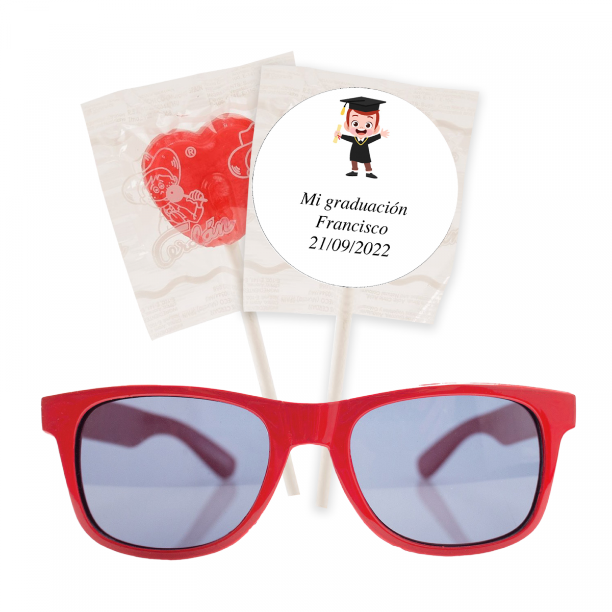 Lunettes de soleil enfant rouges avec sucette coeur et autocollant de graduation personnalisé