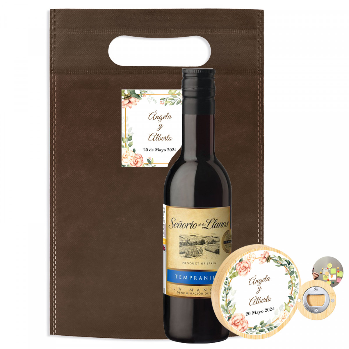 Petite bouteille de vin à offrir avec décapsuleur magnétique personnalisé dans une pochette cadeau