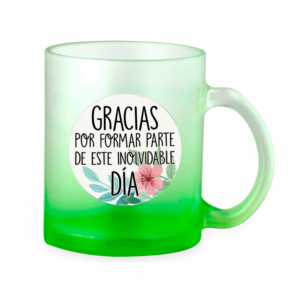 Mug en verre avec anse et autocollant avec une phrase de remerciement