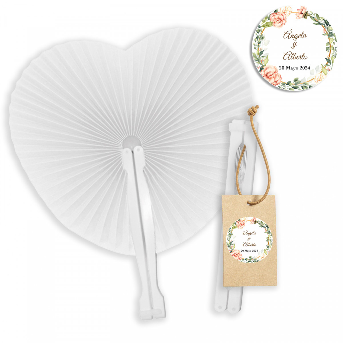 Pai pai en forme de coeur blanc avec étiquette personnalisée pour mariages et événements