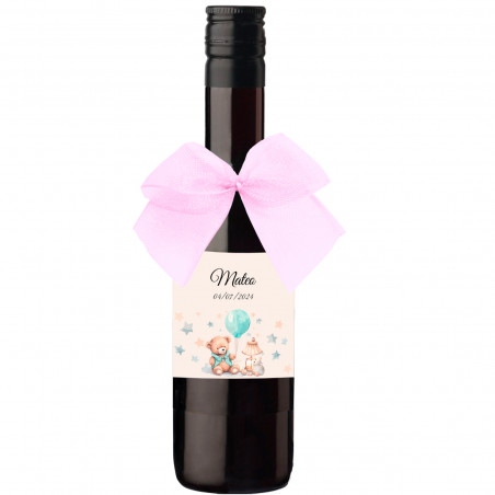 Petite bouteille de vin avec noeud rose et autocollant personnalisé pour baptême