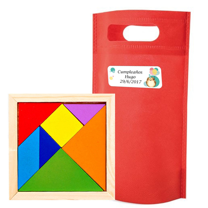 Tangram pour enfants dans une pochette cadeau avec autocollant à personnaliser