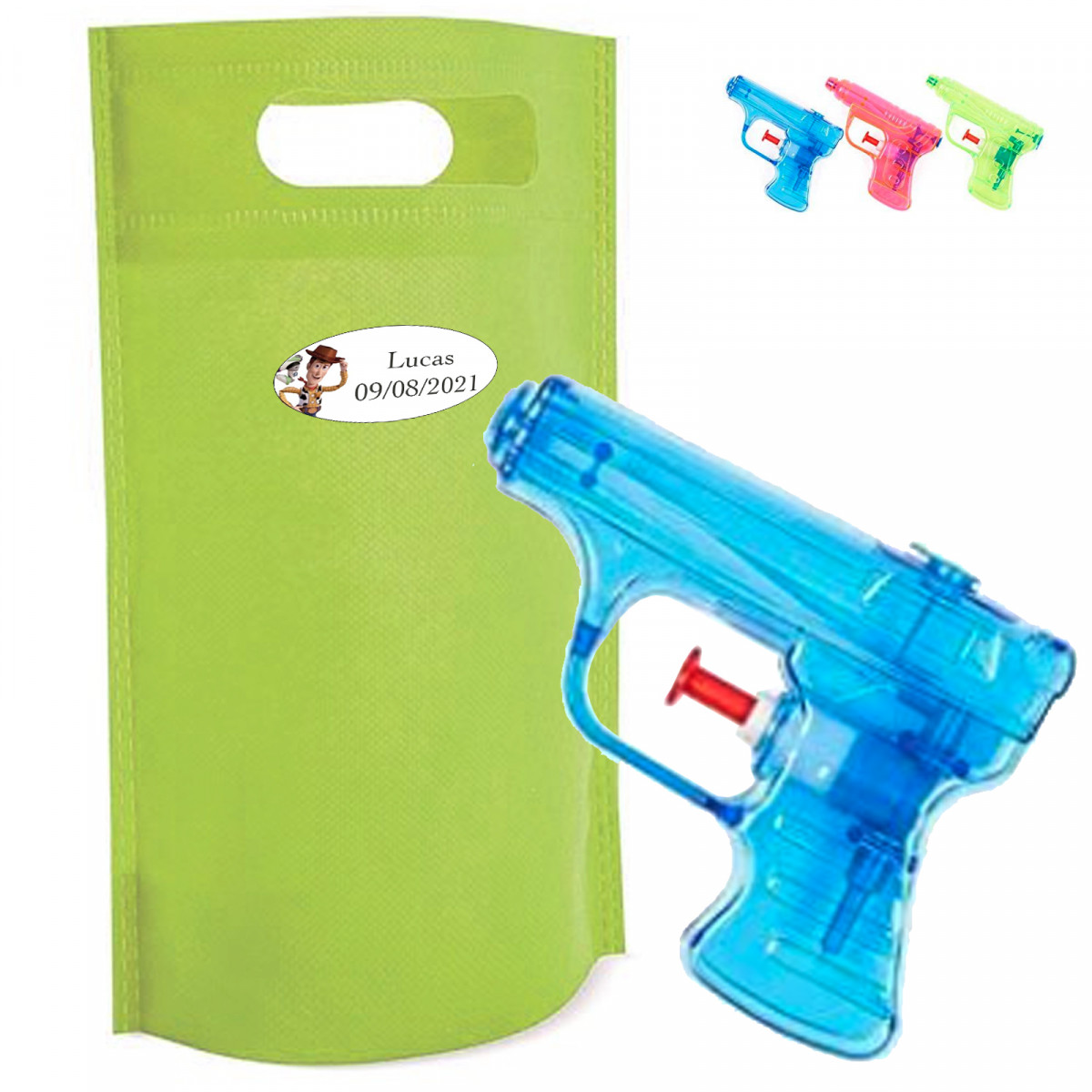 Pistolet à eau pour enfants dans une pochette cadeau et autocollant personnalisé