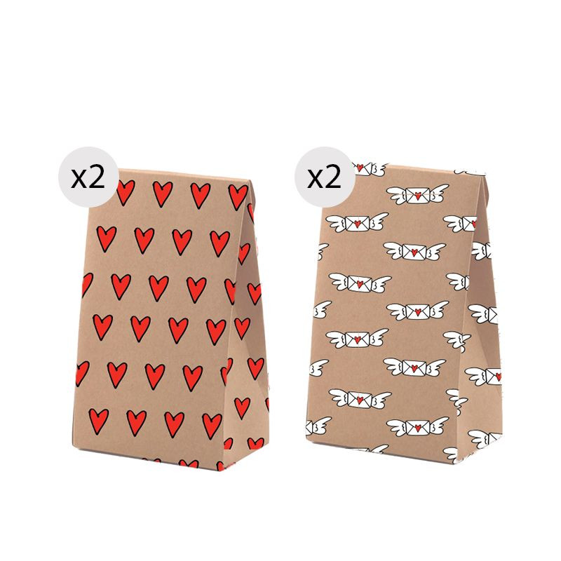 Lot de 4 sacs cadeaux kraft taille S à imprimé fun et romantique