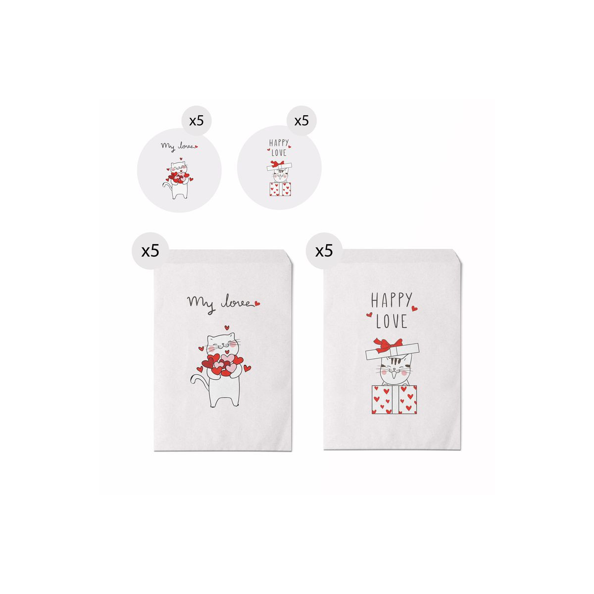 Lot de 10 enveloppes cadeaux format 13x16 avec des chatons avec messages d'amour