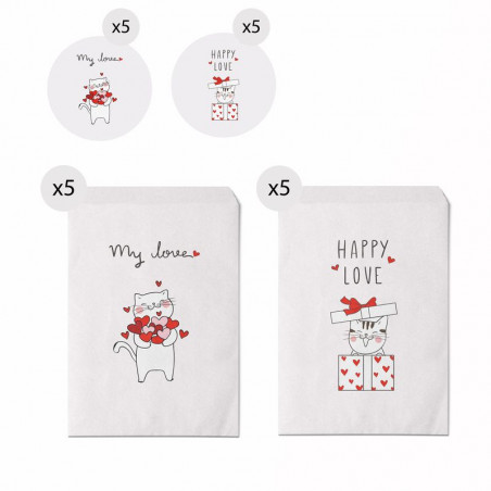 Lot de 10 enveloppes cadeaux format 13x16 avec des chatons avec messages d'amour