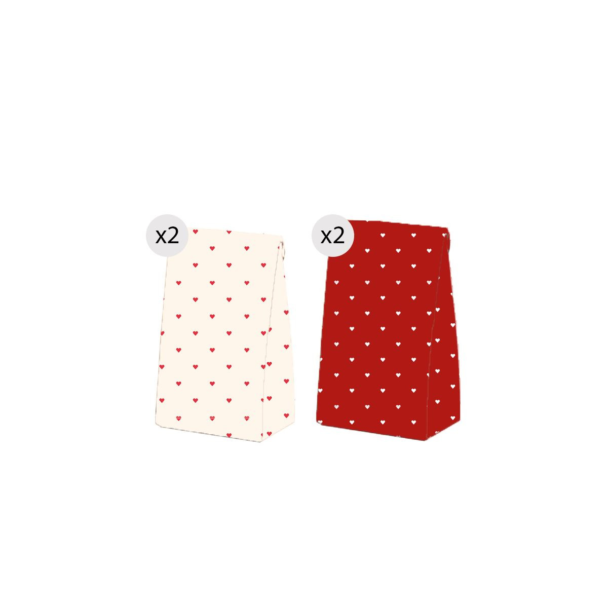 Lot de 4 pochettes cadeaux coeurs rouges et blancs taille S