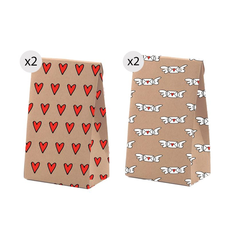 Lot de 4 sacs cadeaux kraft taille M à imprimé fun et romantique