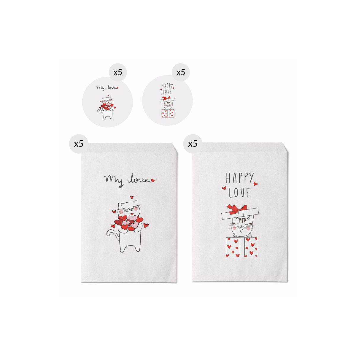 Lot de 10 enveloppes cadeaux format 16x24 avec des chatons avec messages d'amour