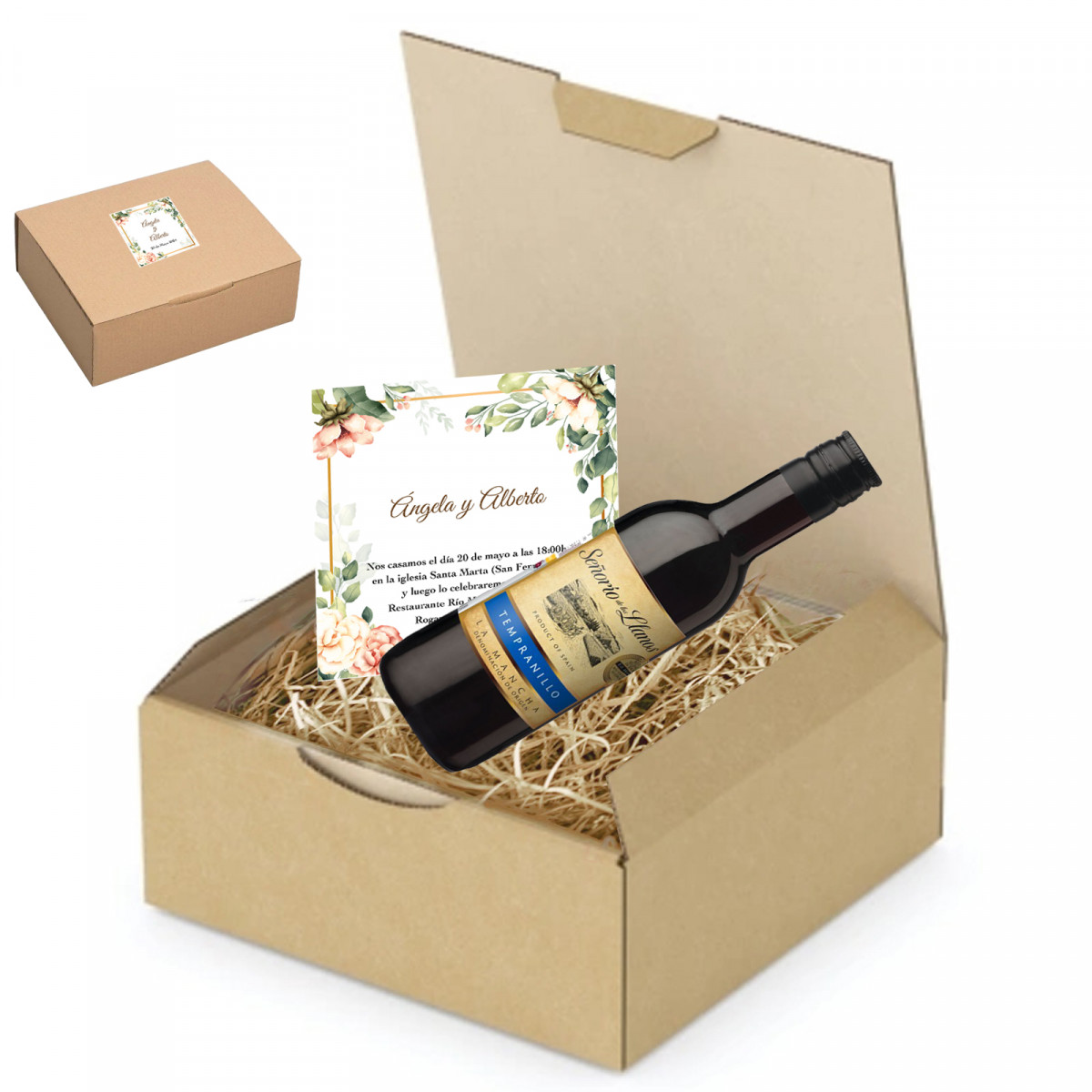 Bouteille de vin avec carte personnalisée dans coffret de présentation