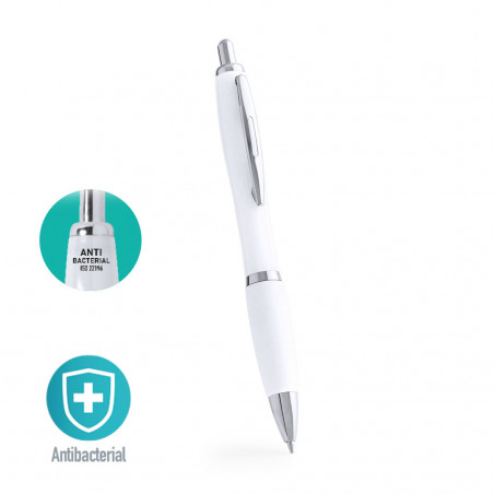 Stylo antibactérien avec bouton poussoir à encre blanche bleue - Stylo antibactérien Flom