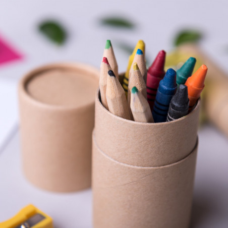 Couleurs de bois et crayons de couleur dans un étui rond avec taille-crayon - Ensemble Pixi