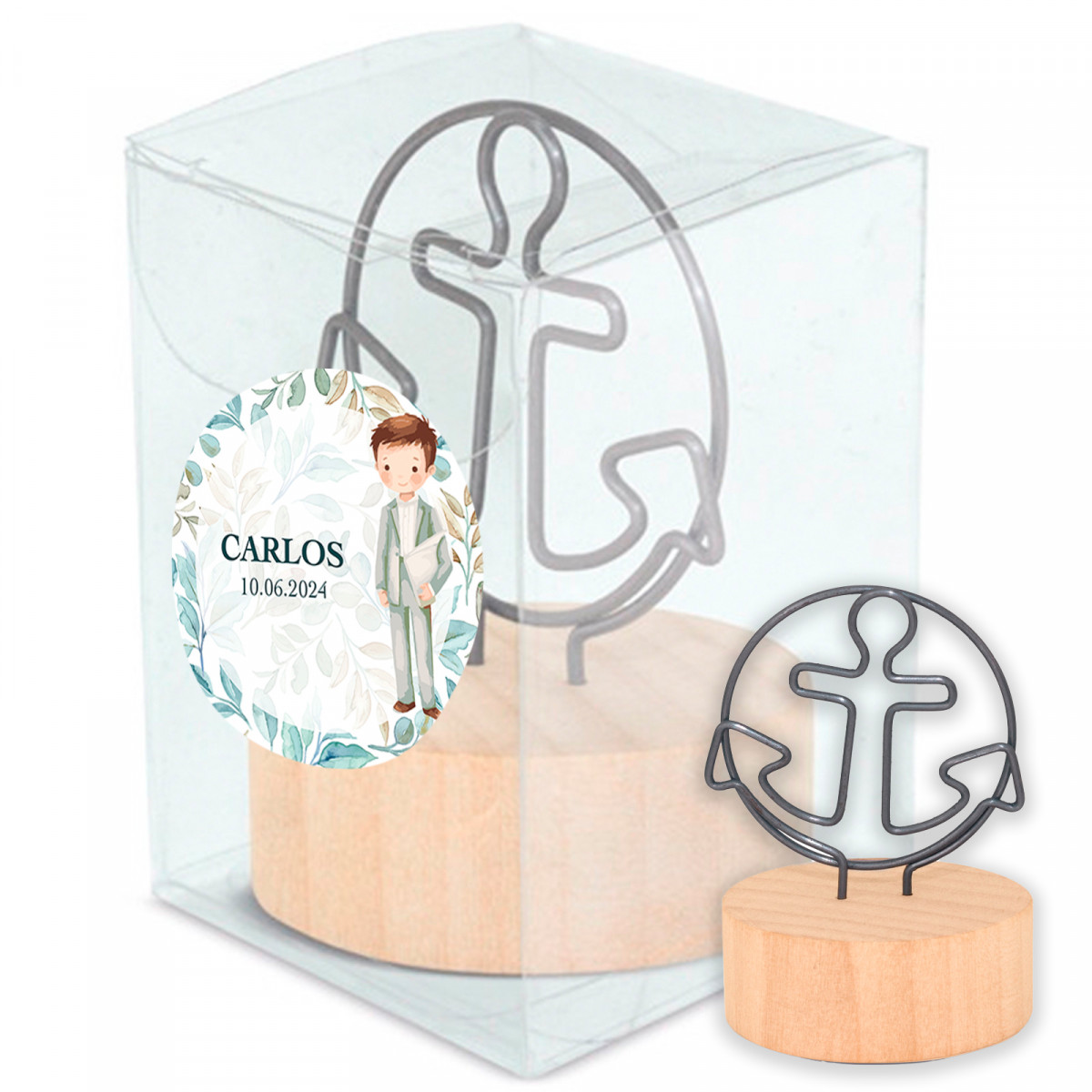 Clip avec support en bois dans une boîte personnalisée pour les détails de la communion des enfants