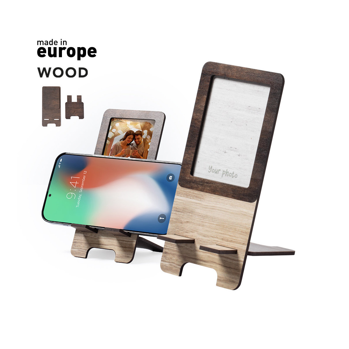 Support téléphone portable et cadre photo en bois bicolore à offrir en cadeau - Support pour porte-photo Vappe