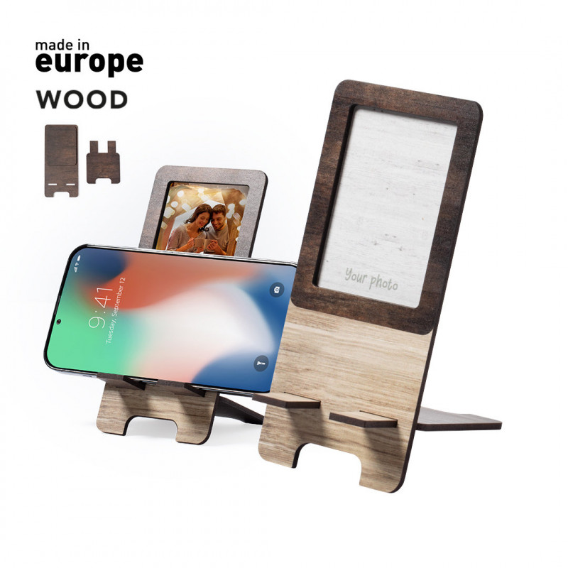 Support téléphone portable et cadre photo en bois bicolore à offrir en cadeau