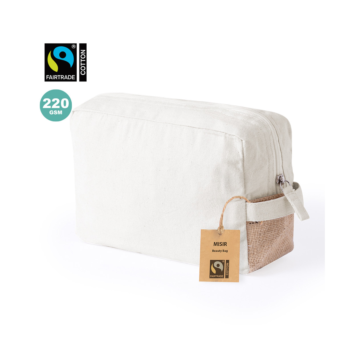 Trousse de toilette 100% coton Fairtrade avec détails en jute - Trousse de toilette Misir Fairtrade