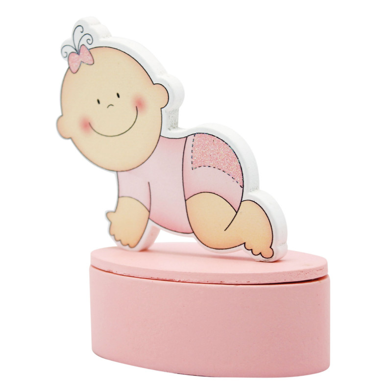 Boîte aimantée avec figurine bébé rose pour le baptême d'une fille