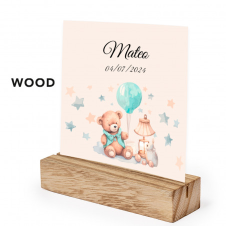 Support en bois avec carte personnalisée pour décoration de table de baptême