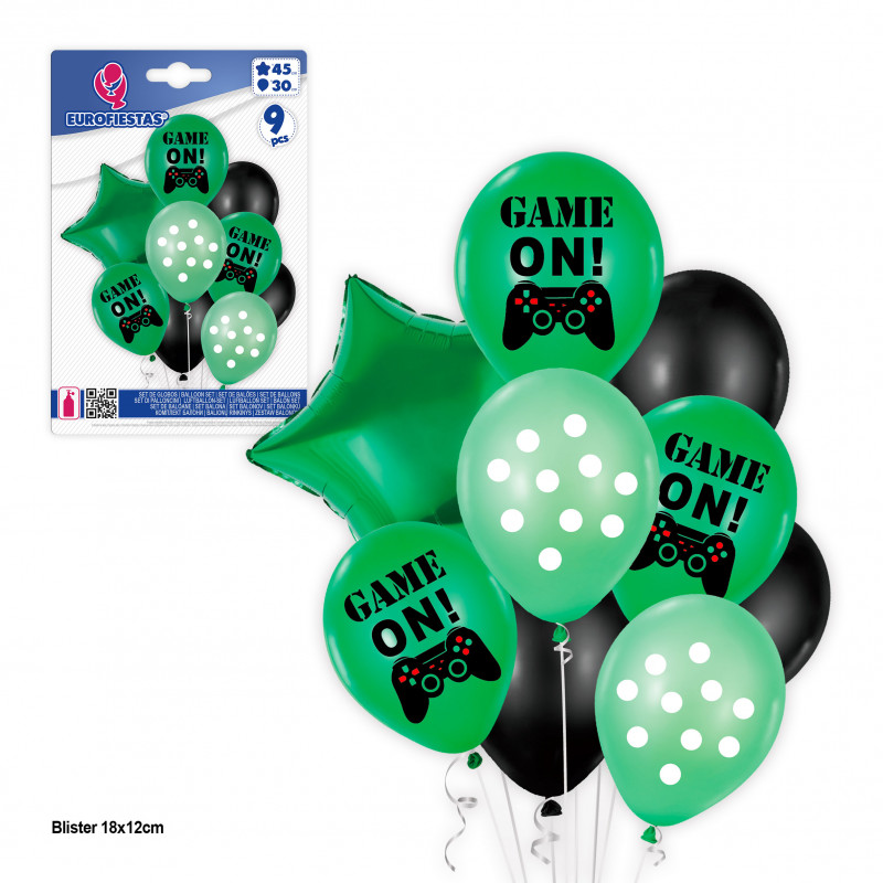 Ballons imprimés 9 unités de jeux vidéo de formes variées aux couleurs vert et noir