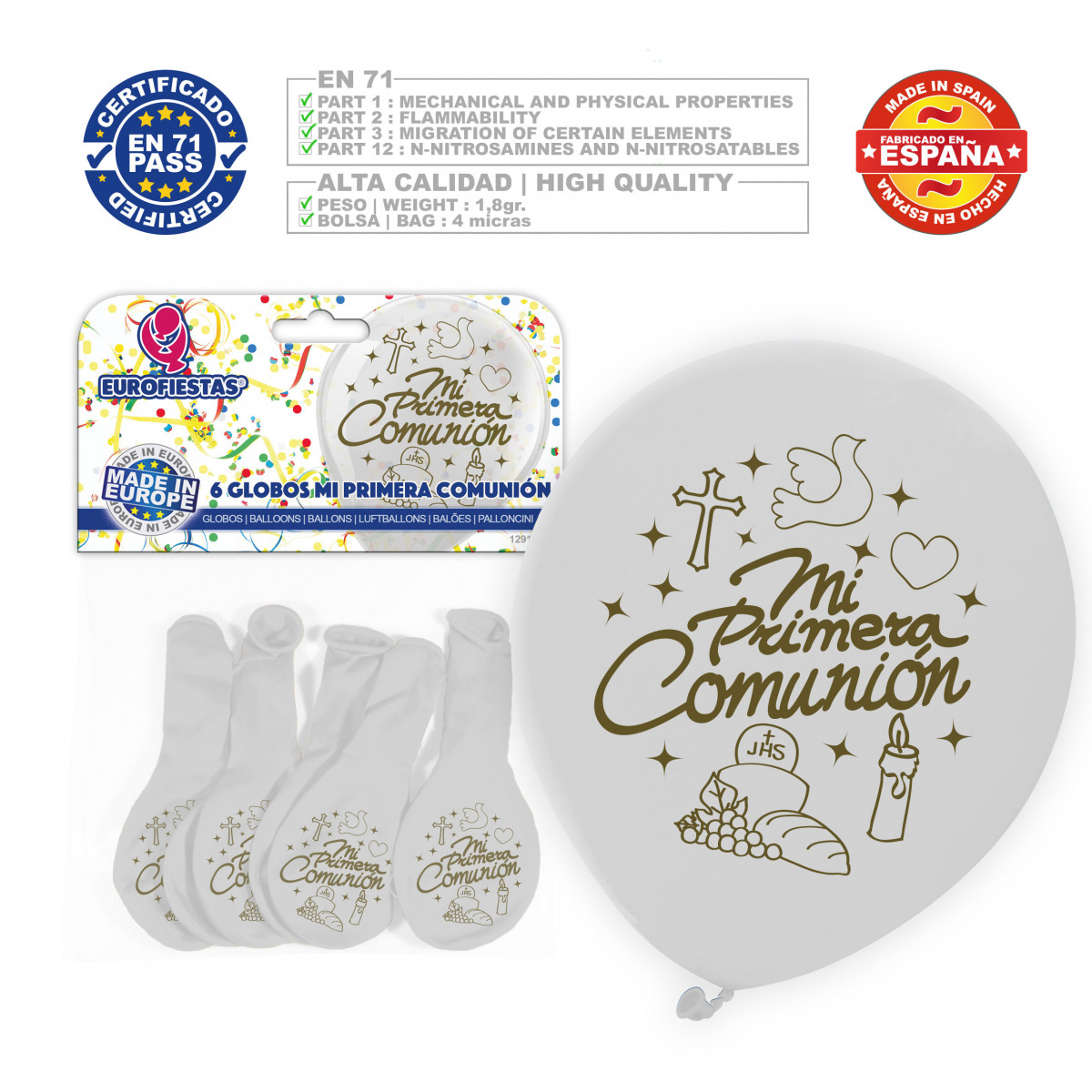 Ballons de première communion imprimés en paquet de 6 unités