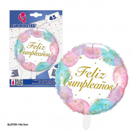 Ballon rond en aluminium anniversaire motif tache d'aquarelle 45 cm