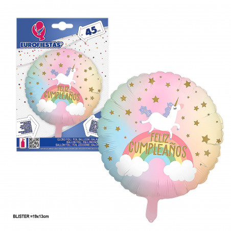 Ballon aluminium rond d'anniversaire avec licorne dans des tons pastel 45 cm